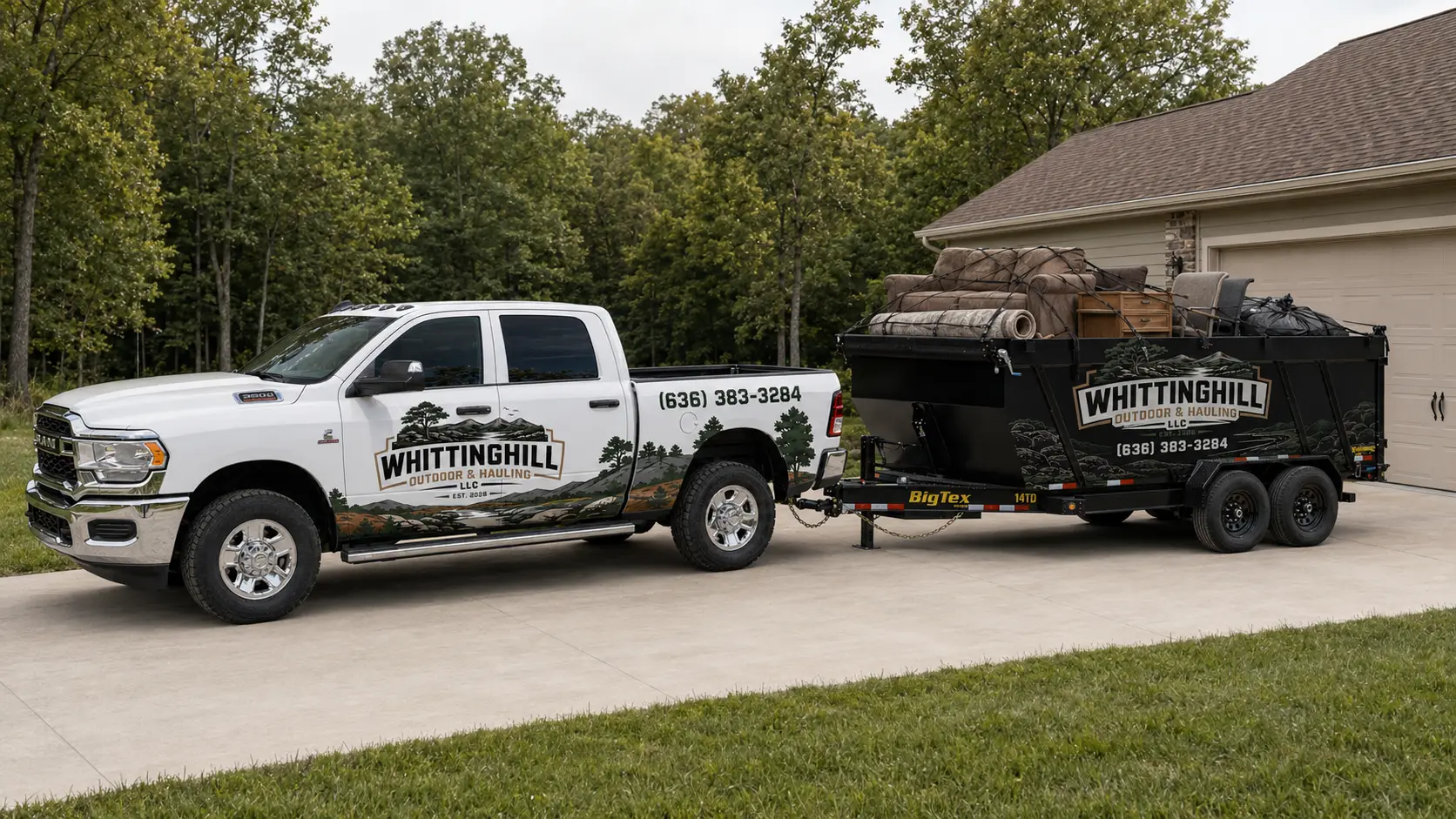 White truck parked in front of a house with a trailer attached to it