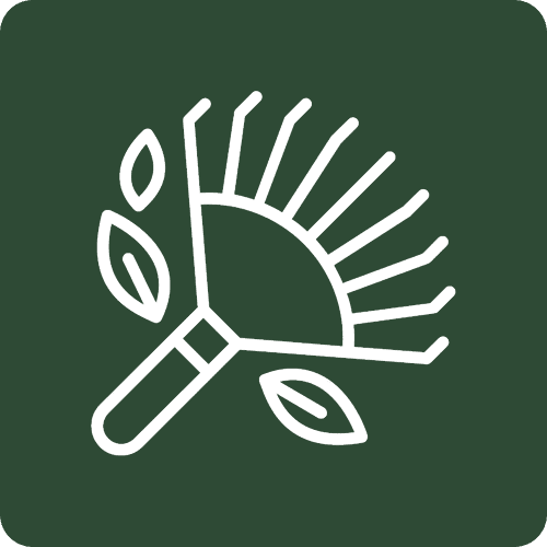 Garden rake icon with leaves