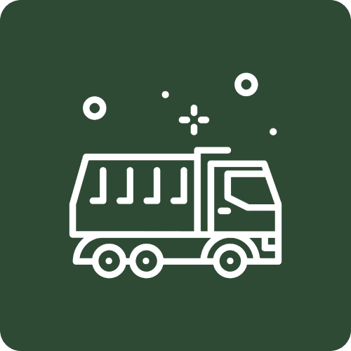White dump truck icon on dark green background
