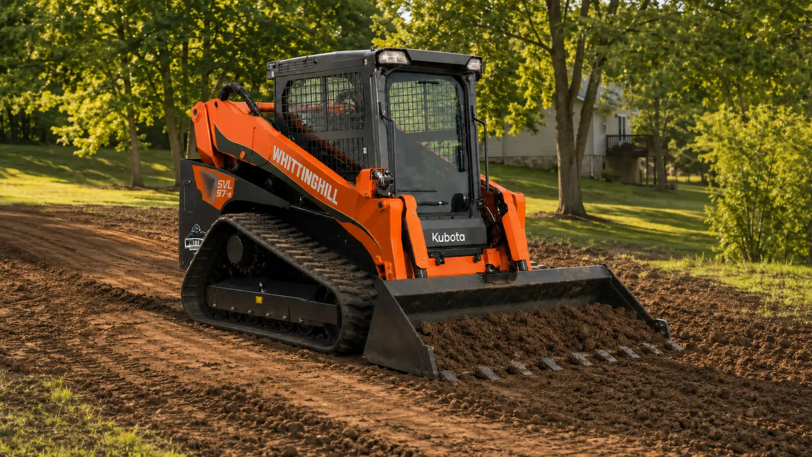 57-2 skid steer loader on a dirt road surrounded by grass, trees, and a house in the background