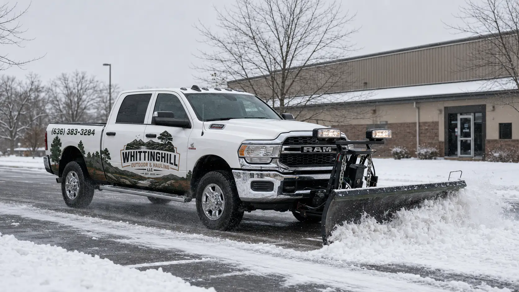 White truck with a snow plow parked in front of a building, surrounded by trees, plants, and a light pole