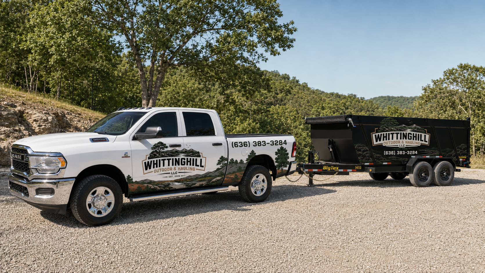 White truck towing a trailer down a dirt road, with the words "Whittinghill" written on the side