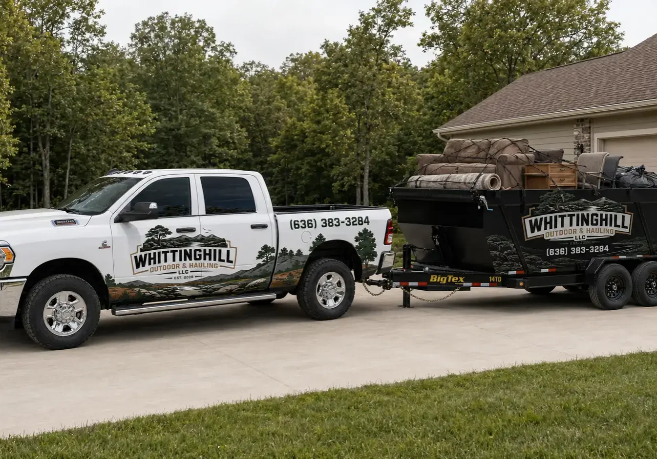 Truck and trailer with outdoor hauling logo.