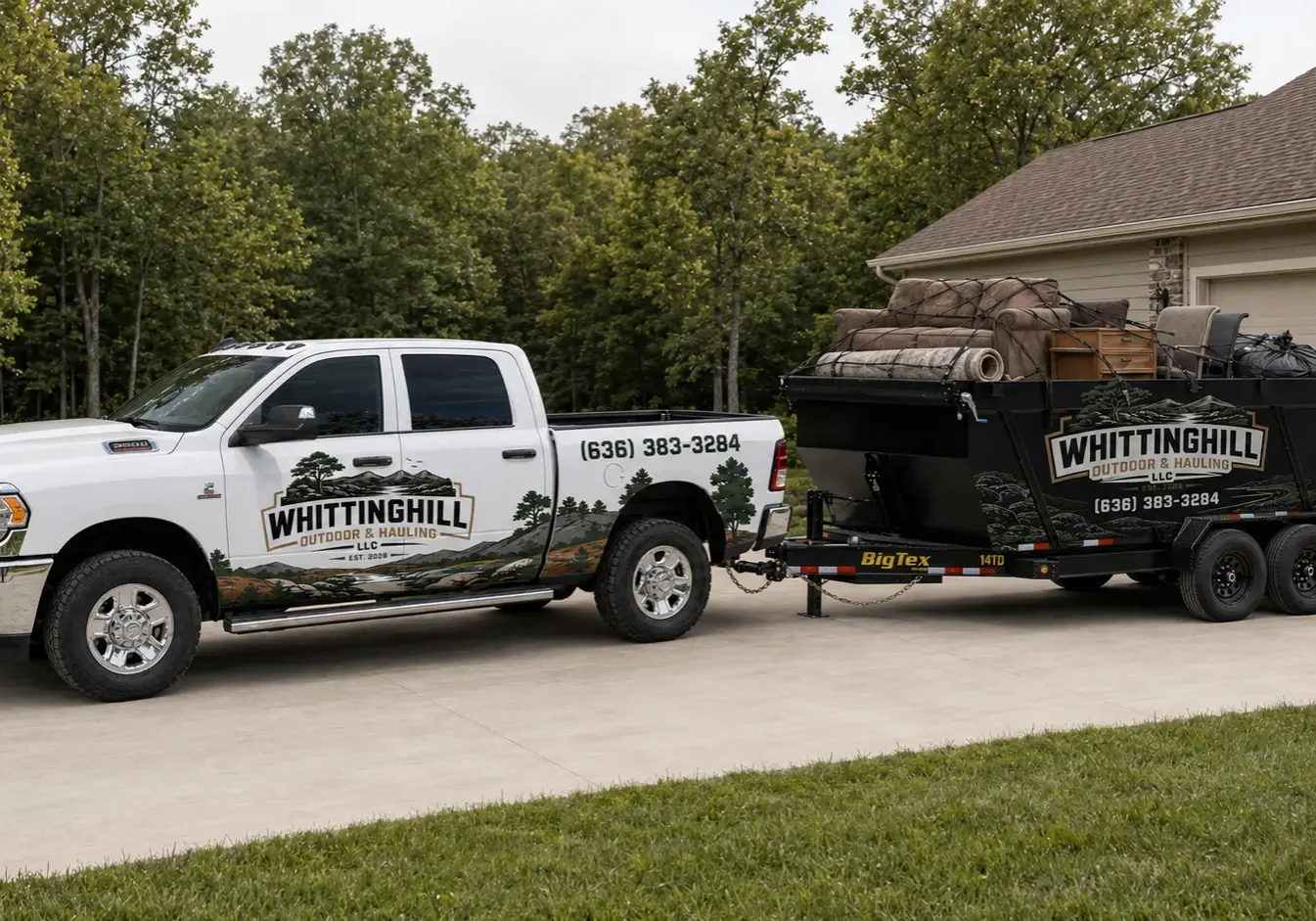 White truck parked in front of a house with a trailer attached to it