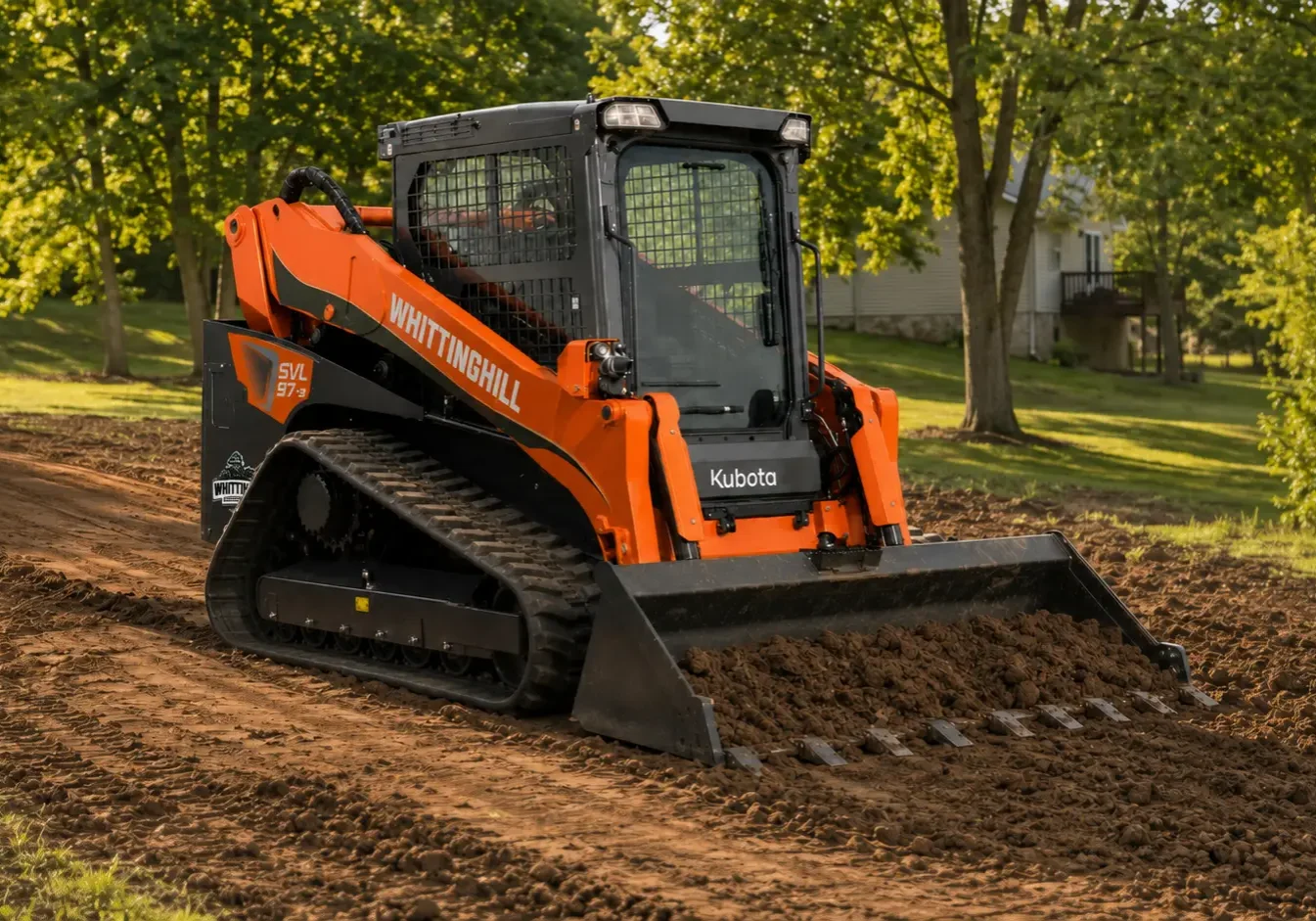 57-2 skid steer loader on a dirt road surrounded by grass, trees, and a house in the background